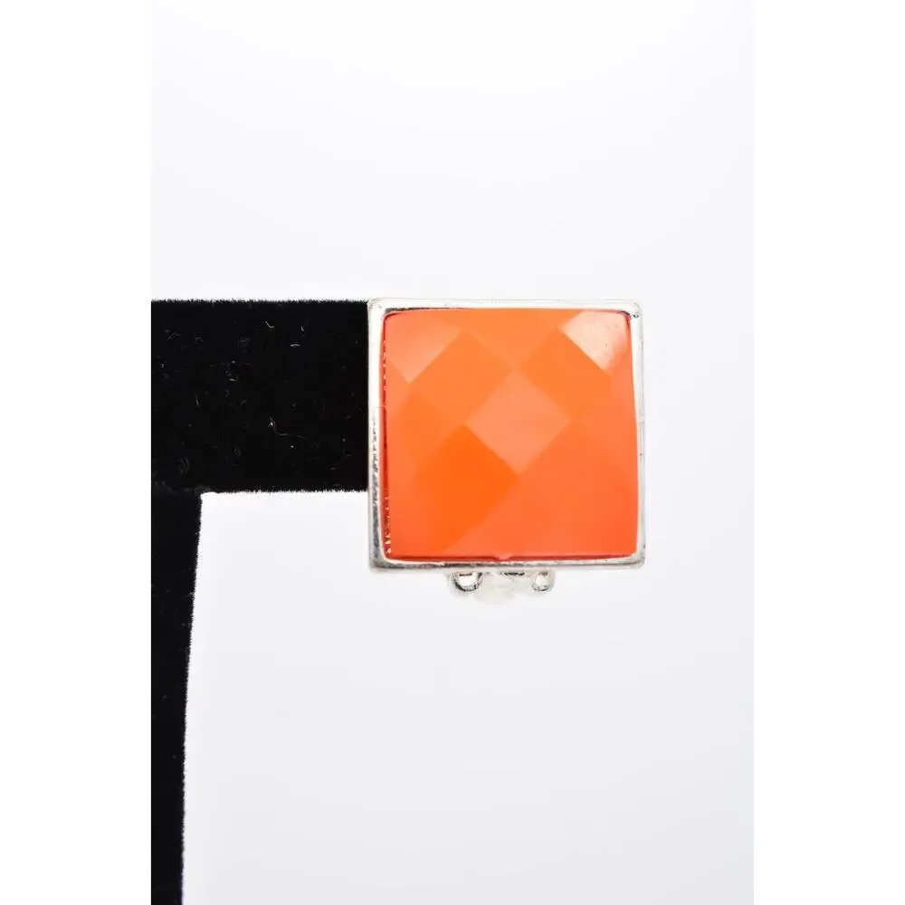 Vintage Lucite Clip On Earrings Faceted Orange Bright Silver Chunky 1990s BinAA